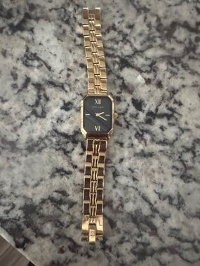 Gold-Tone Rectangular Bracelet Watch with Black Dial